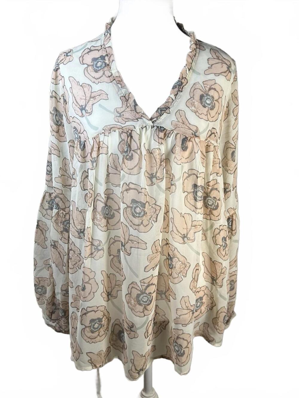Lucky Brand Balloon Sleeve Blouse Bohemian Floral Print Sheer Peasant Sz L NWT